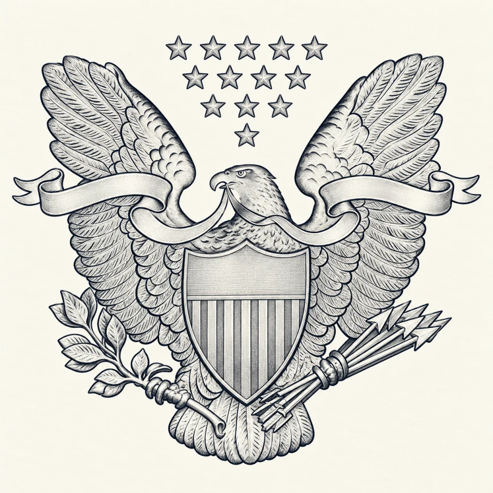 Engraved-style artistic study of the Type 1 eagle, with a striped shield, thirteen stars, an olive branch, and arrows