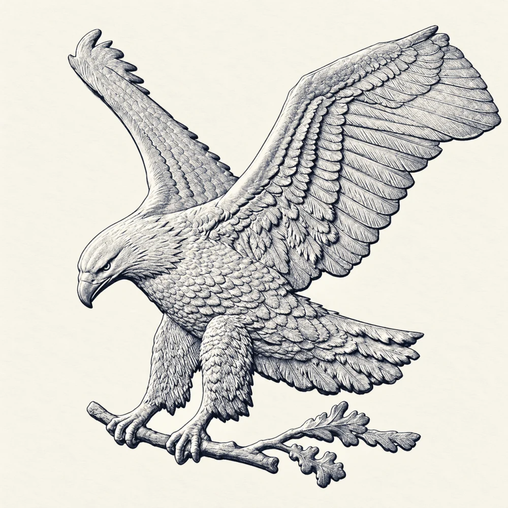Engraved-style artistic study of the Type 2 eagle descending with spread wings and an oak branch in its talons