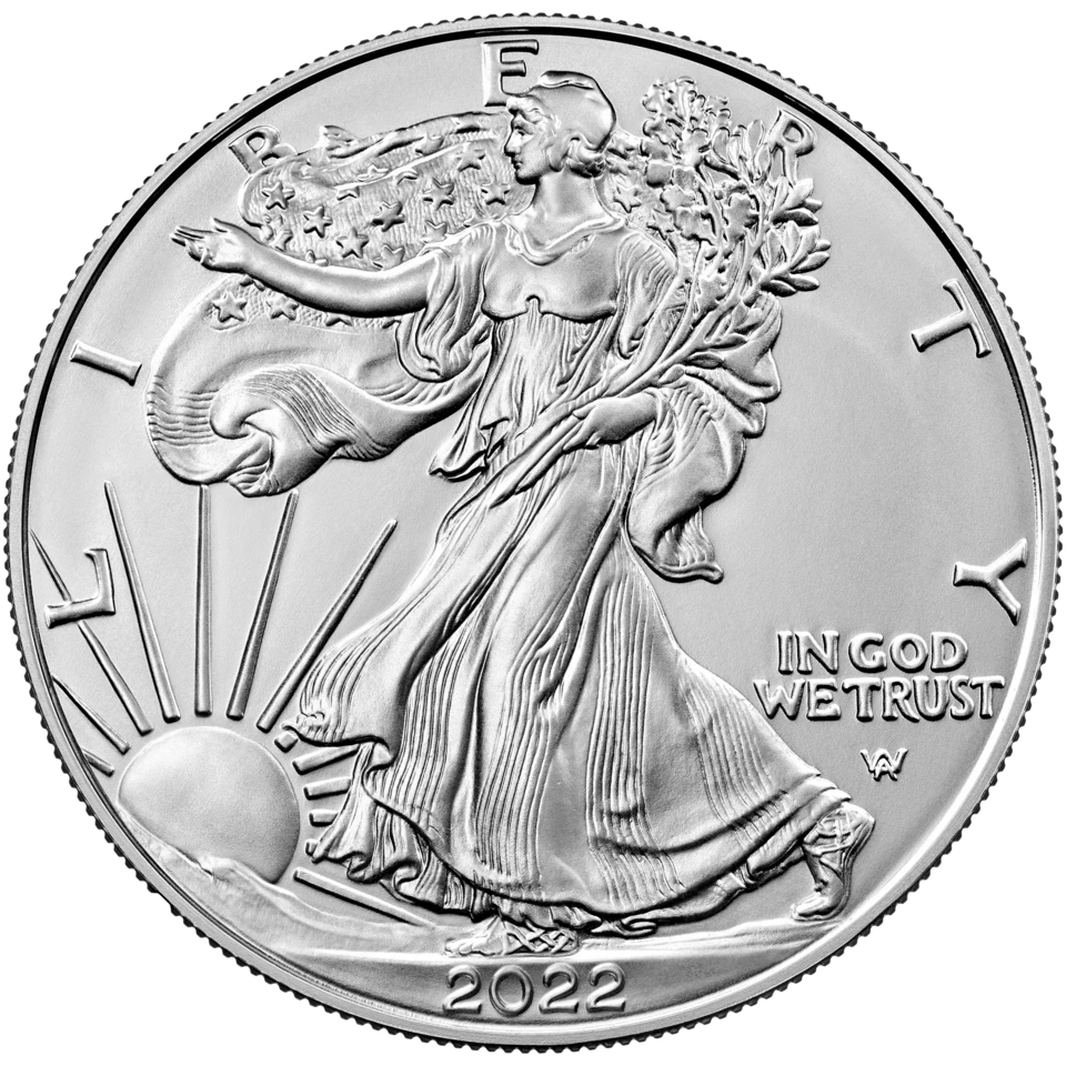 The Walking Liberty obverse on a 2022 bullion Silver Eagle